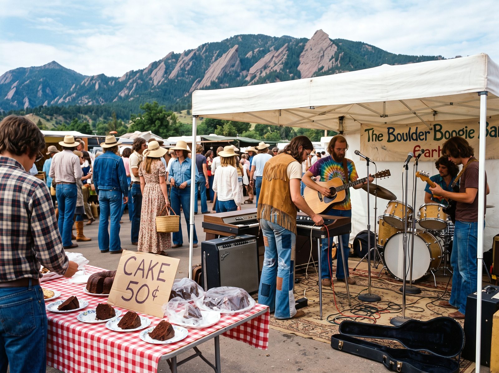 The band playing at the Boulder farmers market beside a folding table of cake